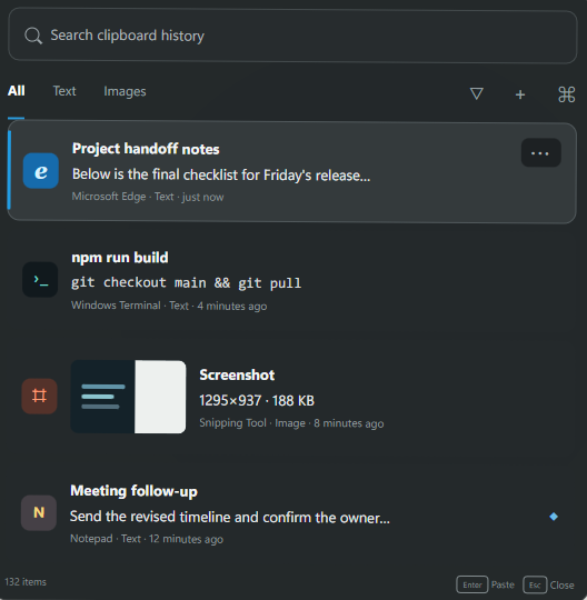 Cubby clipboard history flyout on Windows 11