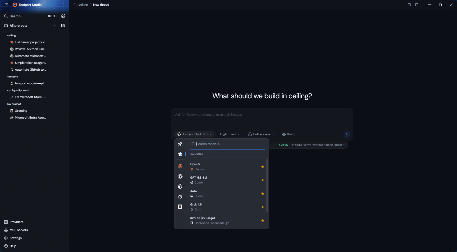 Toolport Studio model picker